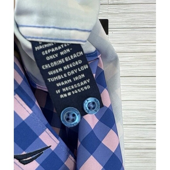 NWT NAUTICA Men's Performance Golf Blue Pink Check Sz Med Button Up Shirt - Picture 3 of 7